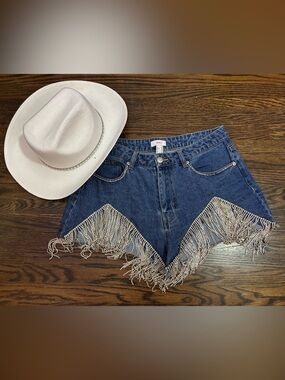 Cowgirl Blue Denim Shorts with Silver Rhinestone Fringe w Cowboy Hat Sparkl